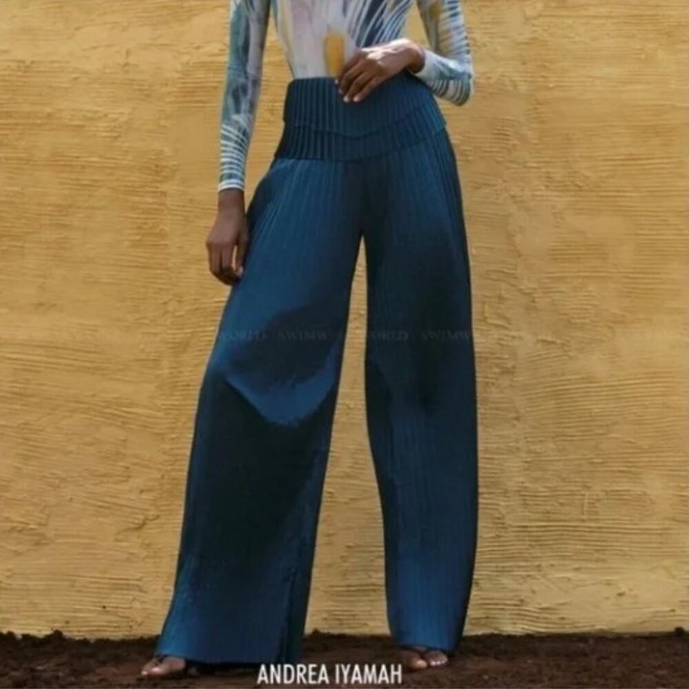 Andrea Iyamah Teal Wide Leg Pleated Pants